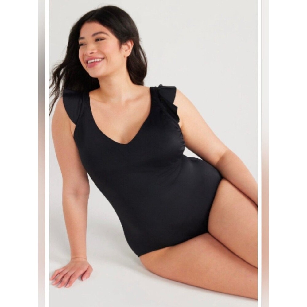 Time and Tru XL Black One-Piece Swimsuit with Ruffle Shoulder 4041-